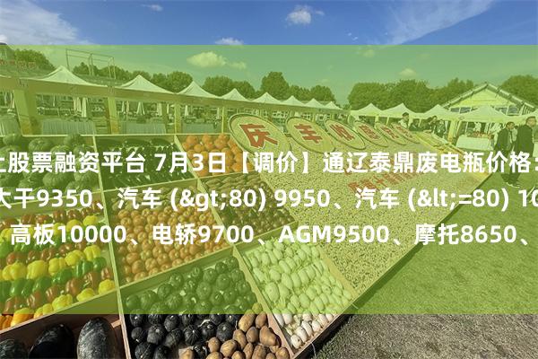 线上股票融资平台 7月3日【调价】通辽泰鼎废电瓶价格：电动混装9850、大干9350、汽车 (>80) 9950、汽车 (<=80) 10100、高板10000、电轿9700、AGM9500、摩托8650、电子秤6000。（单位：元/吨）